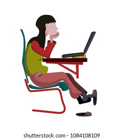 drawing in flat style. Girl sitting at the computer. Bored, propping head with hand, hunched back