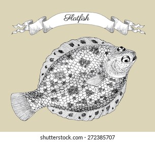 Drawing With Flatfish Or Plaice And Vignette Banner, Hand Drawn Graphic Illustration