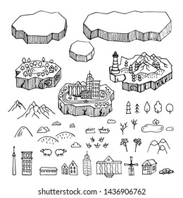 Dibujo de terrenos flotantes con diferentes paisajes. Elementos e iconos de mapa de Doodle. constructor de mapas