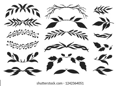 Drawing floral branches and leaves for decoration or design. Isolated floral shapes, frames, dividers and borders for your design.