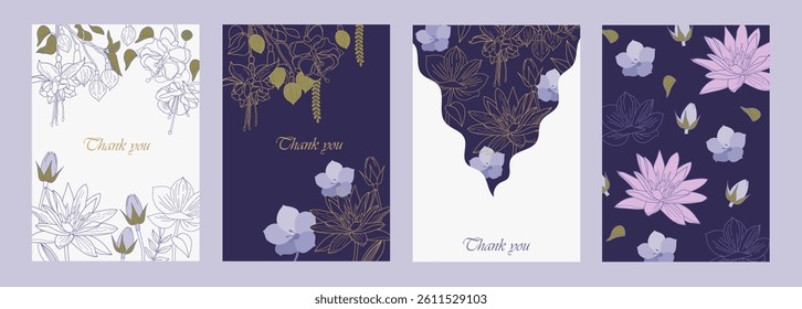 Drawing floral cards. Set of templates for invitations, cards, posters, brochures. Hand drawn. Beautiful linear flowers. Vector illustration.