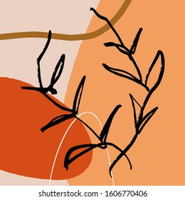 Drawing Floral Ink Sketch Style Mono Line Floral Branding Cover Brush Strokes Beige Brown Modern Abstract Art Scandinavian Style Terracotta Vector EPS Clipart