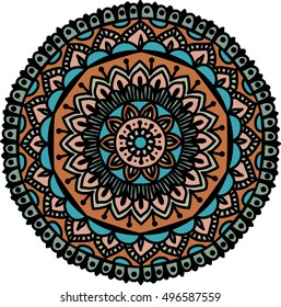 Drawing of a floral mandala in beige, brown and blue colors on a white background. Hand drawn tribal  vector stock illustration