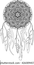 Drawing of a floral mandala in ethnic tribal stile with dreamcatcher, feathers, black line art on white background