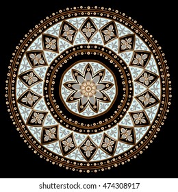 Drawing of a floral mandala in gold, gray and light turquoise colors on a black background