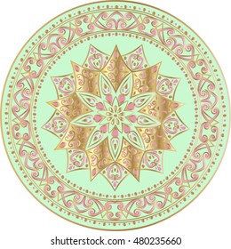 Drawing of a floral mandala in gold, pink and turquoise colors on a white background. Hand drawn tribal  vector stock illustration