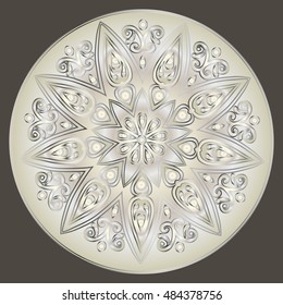 Drawing of a floral mandala with  gradient in light and dark silver colors on a gray background. Hand drawn tribal  vector stock illustration