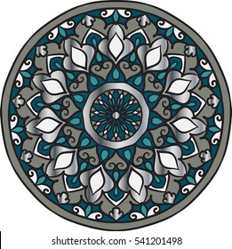 Drawing of a floral mandala in gray, silver and dark turquoise colors on a white background. Hand drawn tribal  vector stock illustration