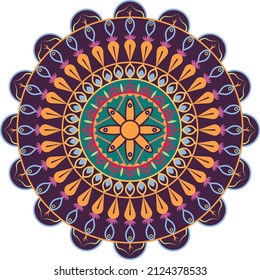 Drawing of a floral mandala in purple and brown on a white background. Hand drawn tribal vector in illustration
