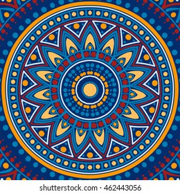 Drawing of a floral mandala in red, blue and orange colors on a dark blue background