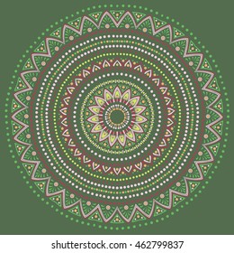 Drawing of a floral mandala in red, green, yellow, orange and grey colors on a dark green background