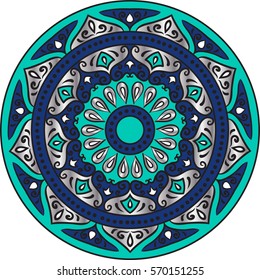Drawing of a floral mandala in silver, blue and turquoise colors on a white background. Hand drawn tribal  vector stock illustration