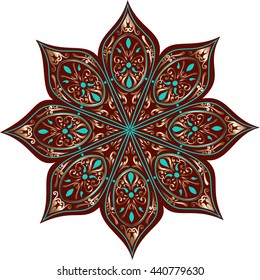 Drawing of a floral mandala in turquoise, dark brown and gold colors on a white background
