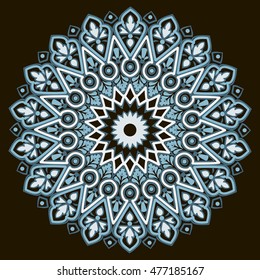 Drawing of a floral mandala in white and blue colors on a black background