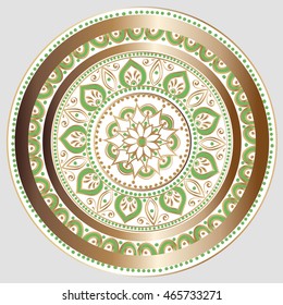 Drawing of a floral mandala in white, gold and green colors on a light grey background