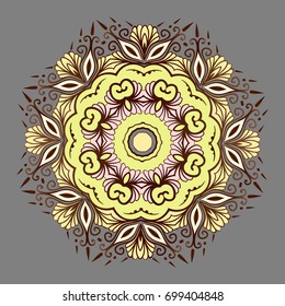 Drawing of a floral mandala in yellow and brown colors on a gray background. Hand drawn tribal vector stock illustration