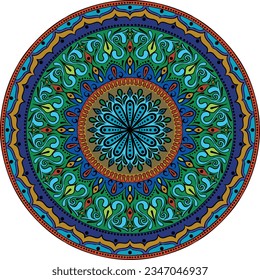 Drawing of a floral multicolor mandala on a white background. Hand drawn tribal vector stock illustration