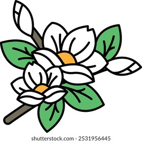 A drawing of a flower with green leaves and white petals. The flower is in the center of the image and surrounded by green leaves. The drawing has a peaceful and calming mood