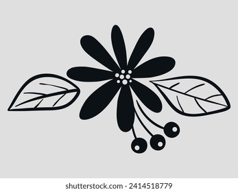 Zeichnung einer Blume mit Blättern in einer Zeile. Handzeichnung. Hallo Frühling.  Vektorgrafik auf grauem Hintergrund
