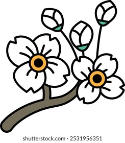 A drawing of a flower with a stem. The flower is white and has yellow eyes. The drawing is of a branch with a flower on it