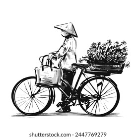 Drawing of Flower vendor in a street in Hanoi, Vietnam