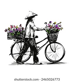 Drawing of Flower vendor in a street in Hanoi, Vietnam