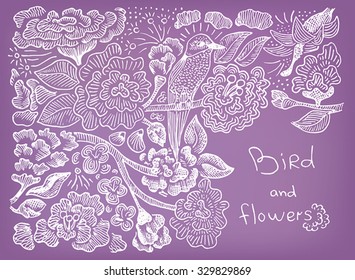 drawing flowers and bird pattern on violet background