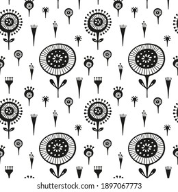 Drawing of flowers. Black and white background. Seamless pattern. Vector graphics.
