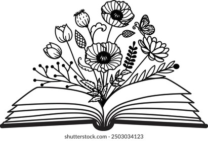 Drawing flowers on opened book with editable strokes. Vector illustration.