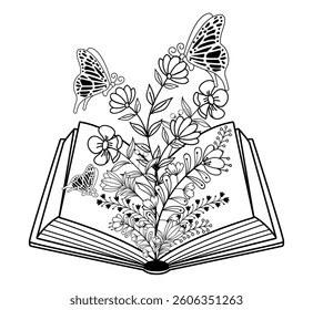 Drawing flowers on opened book vector illustration. Vector illustration for bookshop, library, bookstore, card, cover. 