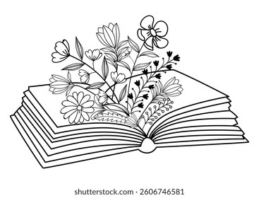 Drawing flowers on opened book vector illustration. Vector illustration for bookshop, library, bookstore, card, cover.