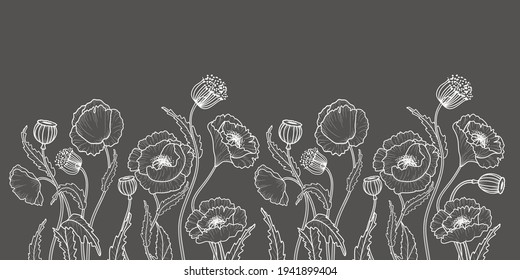 Drawing flowers. Poppy flower clip art or illustration. White line on gray background .