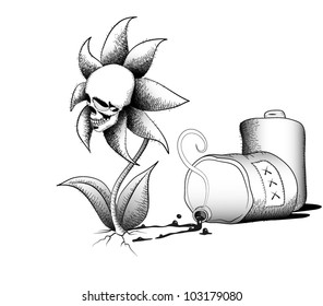 Drawing of a flower-skull that symbolizes the effects of soil pollution