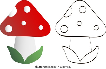 drawing of a fly-agaric with a red cap mushroom and white dots - colored drawing and line art