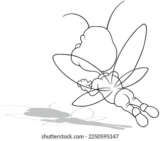 Drawing of a Flying Beetle from Rear View - Cartoon Illustration Isolated on White Background, Vector