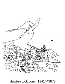drawing a  flying child , a hand-drawn vector illustration 