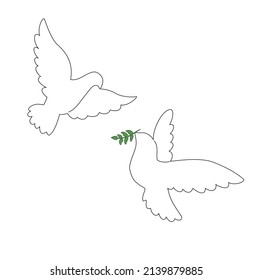 Drawing of flying doves with an olive branch. Bird and twig symbol of love, peace and freedom in a simple linear style. Two doves symbolize loyalty and devotion. Dove icon. Vector illustration. 