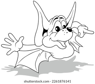 Drawing of a Flying Funny Bat with Big Ears - Cartoon Illustration Isolated on White Background, Vector
