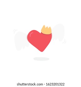 Drawing of the flying heart with cure crown and wings. Vector illustration.