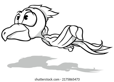 Drawing of a Flying Parrot from Profile - Cartoon Illustration Isolated on White Background, Vector