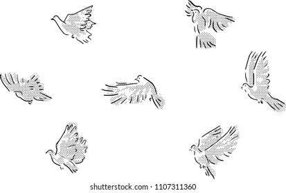 drawing of flying pigeons
