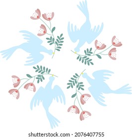Drawing of flying pigeons with flowers. Pattern vector illustration. Happy greeting card, banner, flyer and poster