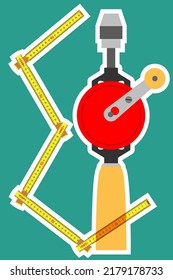 Drawing of a folding rule in yellow and a hand drill with a red disk on a green background