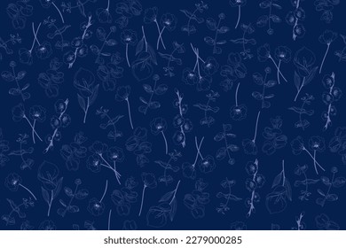 Drawing foliage botanical leaves and flowers pattern seamless. Eucalyptus cinerea and flowers tinny outline drawing on dark blue background. For masculine male shirt fabric textile natural print 