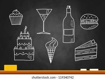 Drawing of food and drink on blackboard