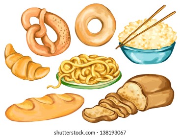 drawing for food, nutrition and diet of bakery products, bakery, flour, wheat, grain, bread, Horn, donut, muffin, pretzel, pretzels, pasta, spaghetti, rice