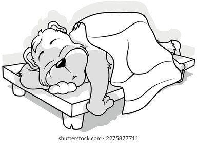 Drawing of a Forest Bear Sleeping on an Oak Wooden Bed - Cartoon Illustration Isolated on White Background, Vector