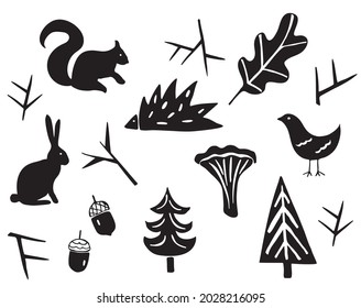 Drawing of forest elements - branches; mushroom; leaf; tree; bird; acorn. 