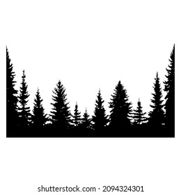 Drawing of the forest. Forest silhouette with numerous trees. Evergreen trees and spruces. For wallpaper, background and postcards.