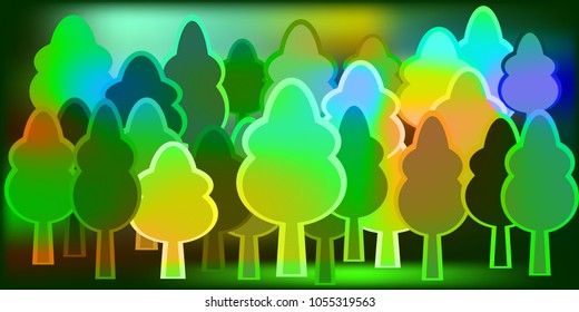 Drawing a forest of trees to decorate childrens products and products. Multicolored cheerful trees.
